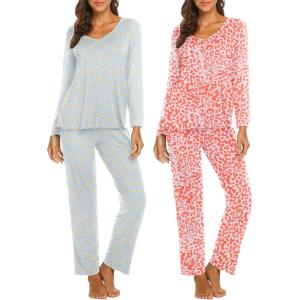 imageEkouaer Womens 2 Pack Pajamas Set Long Sleeve Pajamas Top and Pants V Neck Pjs Sets Soft Sleepwear Loungewear SXXLLeopard Red  Little Daisy