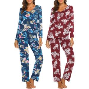 imageEkouaer Womens 2 Pack Pajamas Set Long Sleeve Pajamas Top and Pants V Neck Pjs Sets Soft Sleepwear Loungewear SXXLNavy Flower  Burgundy Flower