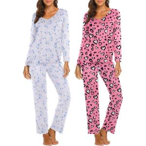 imageEkouaer Womens 2 Pack Pajamas Set Long Sleeve Pajamas Top and Pants V Neck Pjs Sets Soft Sleepwear Loungewear SXXLPink Love Leopard  Watercolor Floral