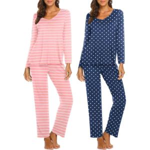 imageEkouaer Womens 2 Pack Pajamas Set Long Sleeve Pajamas Top and Pants V Neck Pjs Sets Soft Sleepwear Loungewear SXXLPink Stripes  Blue Polka Dots