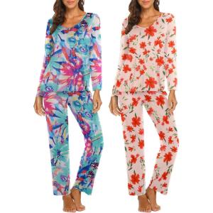 imageEkouaer Womens 2 Pack Pajamas Set Long Sleeve Pajamas Top and Pants V Neck Pjs Sets Soft Sleepwear Loungewear SXXLRed Flowers  Tiedye Flowers