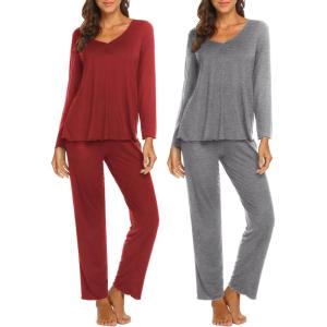 imageEkouaer Womens 2 Pack Pajamas Set Long Sleeve Pajamas Top and Pants V Neck Pjs Sets Soft Sleepwear Loungewear SXXLWine Red  Dark Gray