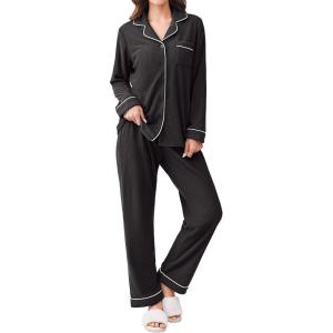 imageEkouaer Womens Fleece Pajama Sets Long Sleeve Button Down Twopiece Sleepwear Soft Lounge SetBlack