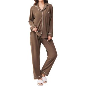 imageEkouaer Womens Fleece Pajama Sets Long Sleeve Button Down Twopiece Sleepwear Soft Lounge SetBrown
