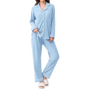 imageEkouaer Womens Fleece Pajama Sets Long Sleeve Button Down Twopiece Sleepwear Soft Lounge SetLight Blue