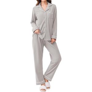 imageEkouaer Womens Fleece Pajama Sets Long Sleeve Button Down Twopiece Sleepwear Soft Lounge SetLight Gray