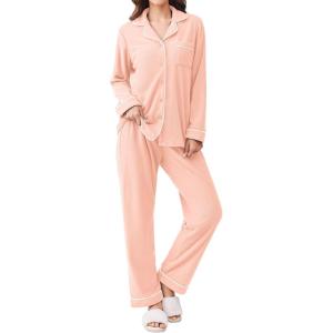 imageEkouaer Womens Fleece Pajama Sets Long Sleeve Button Down Twopiece Sleepwear Soft Lounge SetLight Pink
