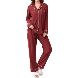 imageEkouaer Womens Fleece Pajama Sets Long Sleeve Button Down Twopiece Sleepwear Soft Lounge SetMaroon Red