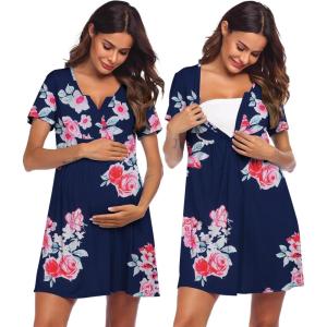 imageEkouaer Labor and Delivery Gown Nursing Nightgown Maternity Nightgowns for Hospital Short Breastfeeding Nightgown SXXLNavy Bluepink Flower