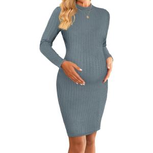 imageEkouaer Maternity Dress Mock Turtleneck Pregnancy Dress Rib Knit Stretchy Bodycon Baby Shower DressDark Blue