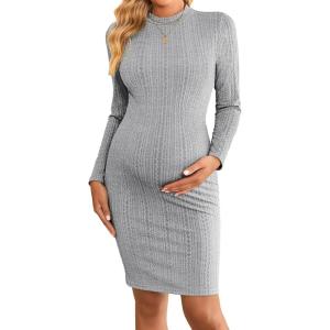 imageEkouaer Maternity Dress Mock Turtleneck Pregnancy Dress Rib Knit Stretchy Bodycon Baby Shower DressGrey