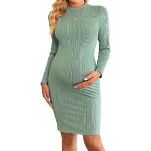 imageEkouaer Maternity Dress Mock Turtleneck Pregnancy Dress Rib Knit Stretchy Bodycon Baby Shower DressMint Green