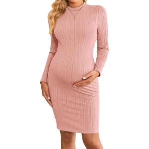 imageEkouaer Maternity Dress Mock Turtleneck Pregnancy Dress Rib Knit Stretchy Bodycon Baby Shower DressPink