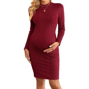 imageEkouaer Maternity Dress Mock Turtleneck Pregnancy Dress Rib Knit Stretchy Bodycon Baby Shower DressWine Red