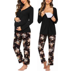 imageEkouaer Maternity Nursing Pajama Sets Labor Delivery Pjs Long Sleeve Breastfeeding Pajamas Pregnancy Sleepwear SetBlack Flower