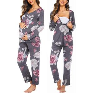 imageEkouaer Maternity Nursing Pajama Sets Labor Delivery Pjs Long Sleeve Breastfeeding Pajamas Pregnancy Sleepwear SetGray Flower Printing