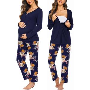 imageEkouaer Maternity Nursing Pajama Sets Labor Delivery Pjs Long Sleeve Breastfeeding Pajamas Pregnancy Sleepwear SetNavy Blue Flower