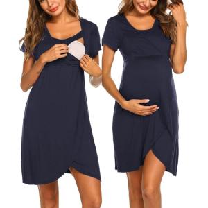 imageEkouaer Nursing Nightgown 3 In 1 Maternity Nightgown Short Sleeve Nursing Gown Breasfeeding Sleepwear Delivery DressNavy Blue