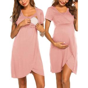 imageEkouaer Nursing Nightgown 3 In 1 Maternity Nightgown Short Sleeve Nursing Gown Breasfeeding Sleepwear Delivery DressPink