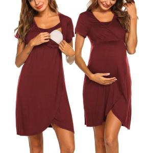 imageEkouaer Nursing Nightgown 3 In 1 Maternity Nightgown Short Sleeve Nursing Gown Breasfeeding Sleepwear Delivery DressWine Red