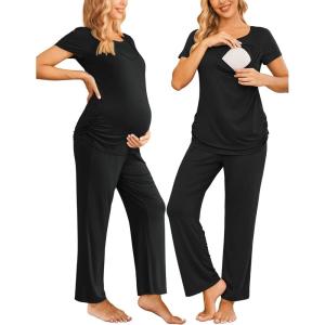 imageEkouaer Women Maternity Nursing Pajama Set Breastfeeding Sleepwear Set Short Sleeve Top ampamp Pants Postpartum PajamasBlack