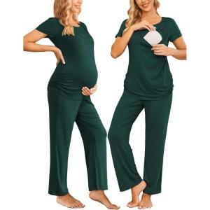 imageEkouaer Women Maternity Nursing Pajama Set Breastfeeding Sleepwear Set Short Sleeve Top ampamp Pants Postpartum PajamasDark Green