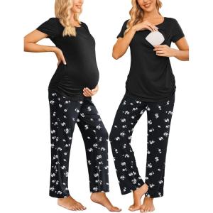 imageEkouaer Women Maternity Nursing Pajama Set Breastfeeding Sleepwear Set Short Sleeve Top ampamp Pants Postpartum PajamasFloral Black