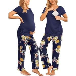 imageEkouaer Women Maternity Nursing Pajama Set Breastfeeding Sleepwear Set Short Sleeve Top ampamp Pants Postpartum PajamasFloral Navy Blue1