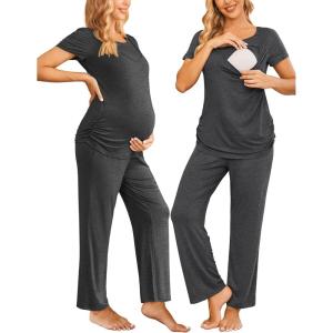 imageEkouaer Women Maternity Nursing Pajama Set Breastfeeding Sleepwear Set Short Sleeve Top ampamp Pants Postpartum PajamasGrey