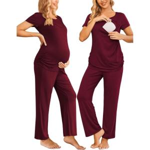 imageEkouaer Women Maternity Nursing Pajama Set Breastfeeding Sleepwear Set Short Sleeve Top ampamp Pants Postpartum PajamasWine Red