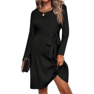 imageEkouaer Womens Maternity Dress Rib Knit Long Sleeve Pregnancy Dresses Crewneck Pregnant Clothes with BeltBlack