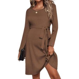imageEkouaer Womens Maternity Dress Rib Knit Long Sleeve Pregnancy Dresses Crewneck Pregnant Clothes with BeltBrown
