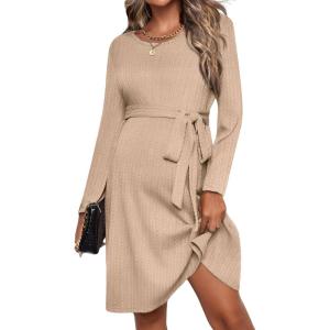 imageEkouaer Womens Maternity Dress Rib Knit Long Sleeve Pregnancy Dresses Crewneck Pregnant Clothes with BeltKhaki