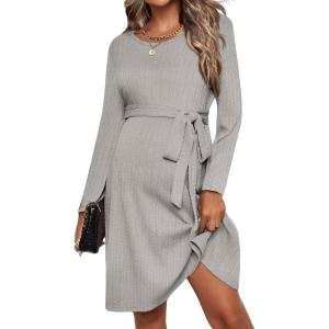 imageEkouaer Womens Maternity Dress Rib Knit Long Sleeve Pregnancy Dresses Crewneck Pregnant Clothes with BeltLight Grey