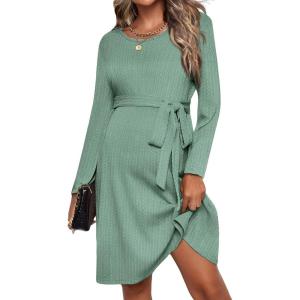 imageEkouaer Womens Maternity Dress Rib Knit Long Sleeve Pregnancy Dresses Crewneck Pregnant Clothes with BeltMint Green