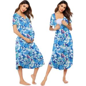 imageEkouaer Womens Maternity Nightgown for Hospital Pregnancy Long Nightgowns Nursing Night Gown for BreastfeedingBlue Jasmine Flower