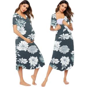 imageEkouaer Womens Maternity Nightgown for Hospital Pregnancy Long Nightgowns Nursing Night Gown for BreastfeedingGrey Blue Flower