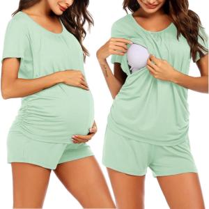 imageEkouaer Womens Maternity Nursing Pajamas Set Breastfeeding Sleepwear Double Layer Short Sleeve Top ampamp Shorts Pregnancy PJSB  Mintgreen