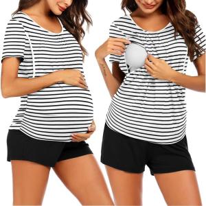 imageEkouaer Womens Maternity Nursing Pajamas Set Breastfeeding Sleepwear Double Layer Short Sleeve Top ampamp Shorts Pregnancy PJSB  Stripe 1