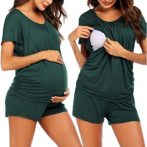 imageEkouaer Womens Maternity Nursing Pajamas Set Breastfeeding Sleepwear Double Layer Short Sleeve Top ampamp Shorts Pregnancy PJSBdark Green