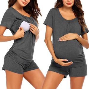 imageEkouaer Womens Maternity Nursing Pajamas Set Breastfeeding Sleepwear Double Layer Short Sleeve Top ampamp Shorts Pregnancy PJSBgrey