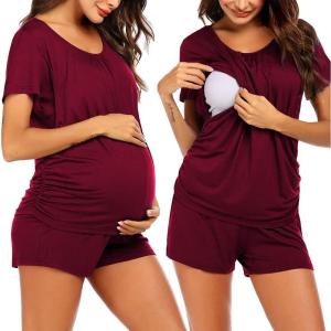 imageEkouaer Womens Maternity Nursing Pajamas Set Breastfeeding Sleepwear Double Layer Short Sleeve Top ampamp Shorts Pregnancy PJSCwind Red