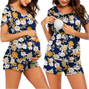 imageEkouaer Womens Maternity Nursing Pajamas Set Breastfeeding Sleepwear Double Layer Short Sleeve Top ampamp Shorts Pregnancy PJSFloral Blue