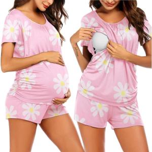 imageEkouaer Womens Maternity Nursing Pajamas Set Breastfeeding Sleepwear Double Layer Short Sleeve Top ampamp Shorts Pregnancy PJSFloral Pink