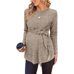 imageEkouaer Womens Maternity Shirts Long Sleeve Pregnancy Tops Casual Ribbed Knit Pregnant Blouses SXXLBrown