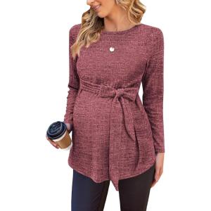 imageEkouaer Womens Maternity Shirts Long Sleeve Pregnancy Tops Casual Ribbed Knit Pregnant Blouses SXXLDark Red