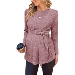 imageEkouaer Womens Maternity Shirts Long Sleeve Pregnancy Tops Casual Ribbed Knit Pregnant Blouses SXXLPink