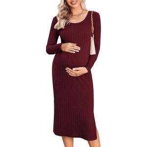 imageEkouaer Maternity Dress Rib Knit Long Sleeve Side Slit Bodycon Dresses Pregnancy Baby Shower Clothes SXXLA Long Sleeve Wine Red