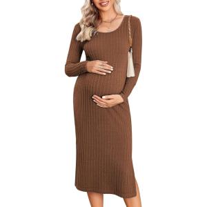 imageEkouaer Maternity Dress Rib Knit Long Sleeve Side Slit Bodycon Dresses Pregnancy Baby Shower Clothes SXXLLong Sleeve Brown