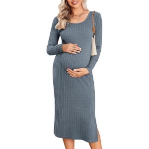 imageEkouaer Maternity Dress Rib Knit Long Sleeve Side Slit Bodycon Dresses Pregnancy Baby Shower Clothes SXXLLong Sleeve Dark Blue